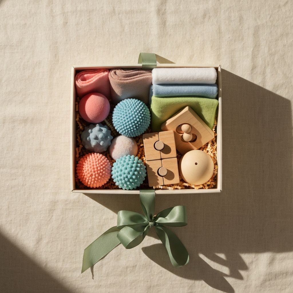 The Calm Collective sensory box with tactile items including textured balls, soft fabrics, and simple puzzles